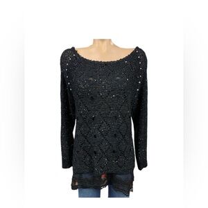 Temptation Italy Black Open-Knit Sweater with Sequin Detail